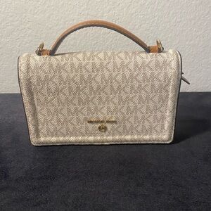 Michael Kors Tan Mini Bag with Monogram Pattern and Gold Hardware